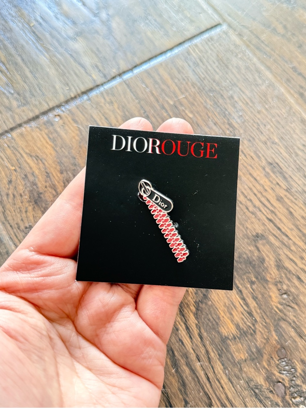 DIOR Rouge Enamel Zipper Charm Pin — Black & Red for Blazer Suits